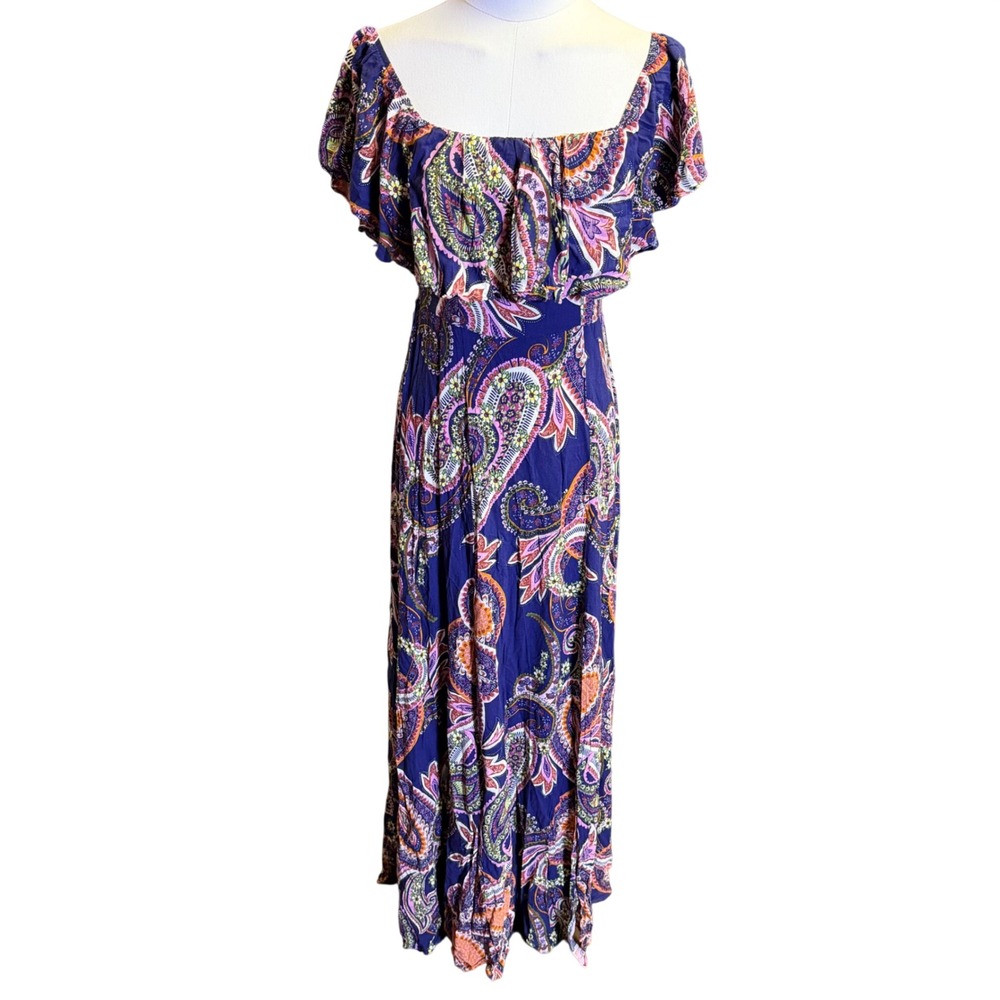 Baltic Born Maxi Dress Women M Blue Purple Paisley Good Off Shoulder Bohemian